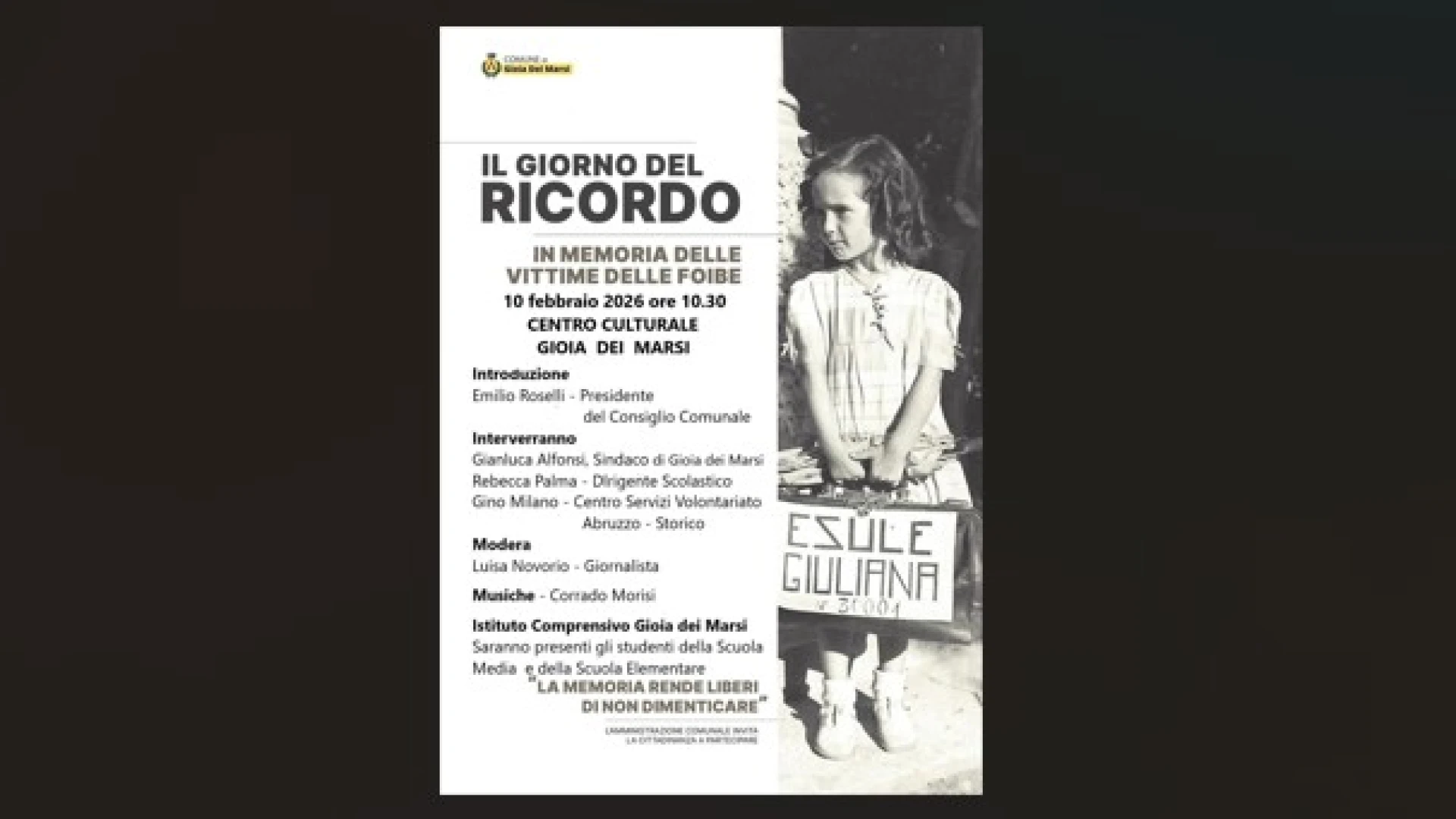 Gioia Dei Marsi celebra il giorno del ricordo: una giornata per non dimenticare i Martiri della Foibe.